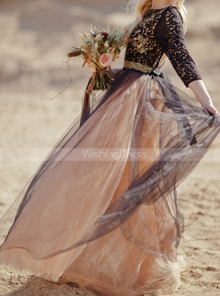Black Champagne Wedding Dresses with Three-quarter Sleeves,Destination