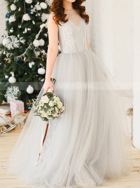 Silver A-line Wedding Dresses,Outdoor Tulle Bridal Gown,WD00832