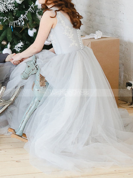 Silver A-line Wedding Dresses,Outdoor Tulle Bridal Gown,WD00832