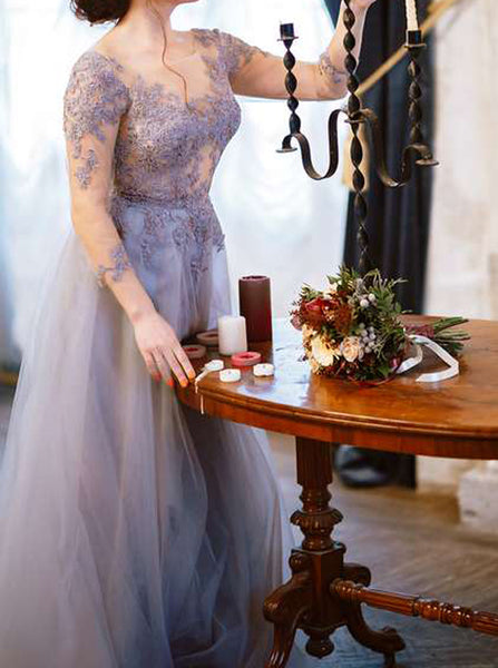 Mauve Sheer Bodice Wedding Dresses,V Back Long Bridal Gown,WD00833