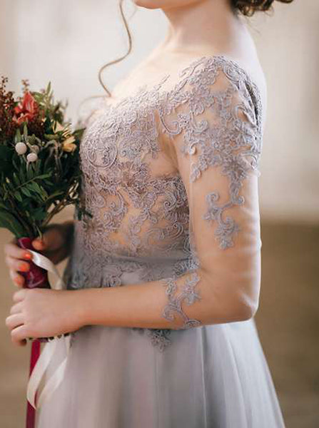 Mauve Sheer Bodice Wedding Dresses,V Back Long Bridal Gown,WD00833
