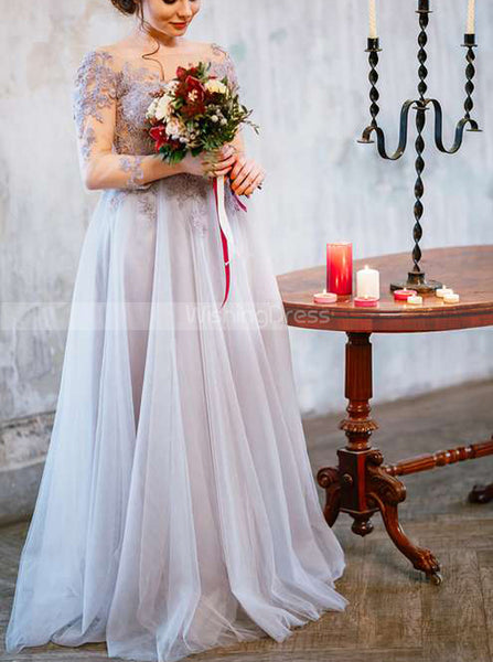 Mauve Sheer Bodice Wedding Dresses,V Back Long Bridal Gown,WD00833