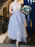 Ivory Blue Wedding Dresses,Deep V Neckline Bridal Gown,WD00835