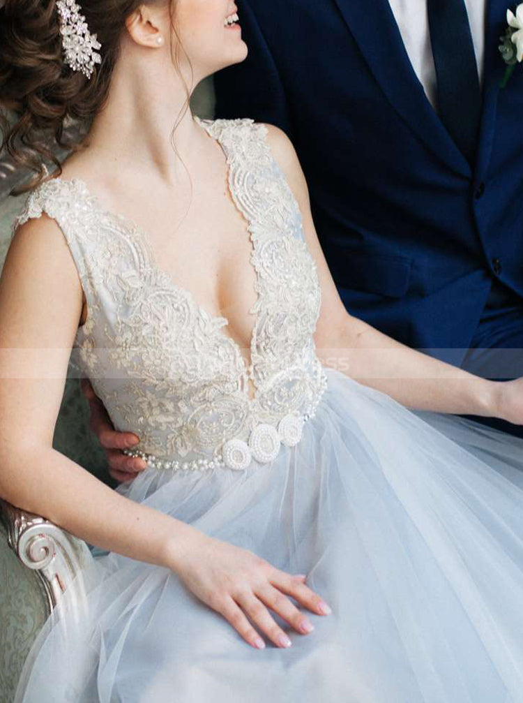 Ivory Blue Wedding Dresses,Deep V Neckline Bridal Gown,WD00835 - Wishingdress Ivory Blue Wedding Dresses,Deep V Neckline Bridal Gown,WD00835 - Wishingdress