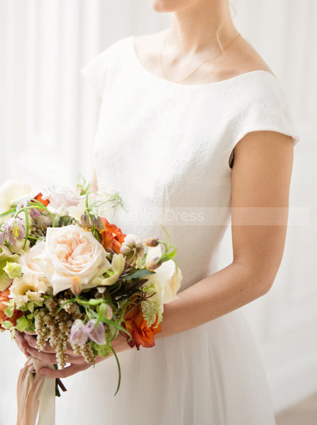 Simple A-line Wedding Dress,Cap Sleeves Tulle Bridal Gowns,WD00836