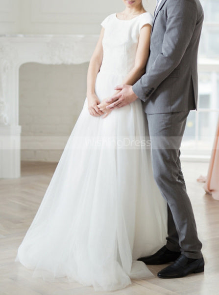 Simple A-line Wedding Dress,Cap Sleeves Tulle Bridal Gowns,WD00836