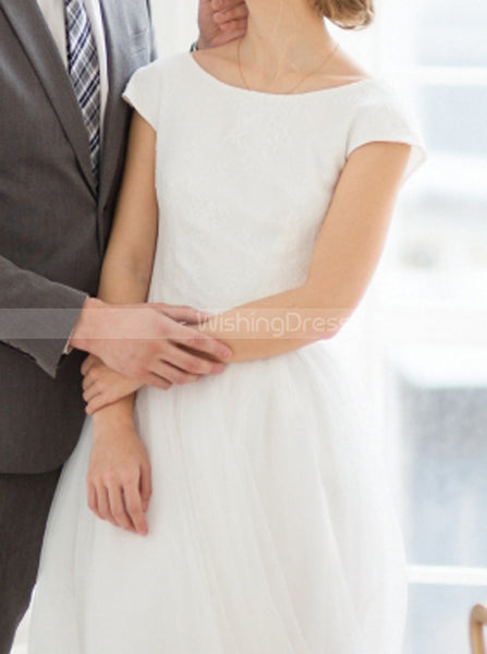 Simple A-line Wedding Dress,Cap Sleeves Tulle Bridal Gowns,WD00836