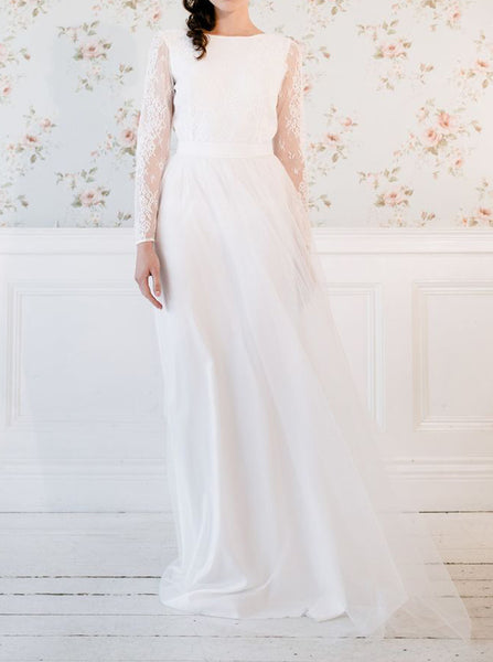 Simple Long Sleeves Bridal Dress,Floor Length Outdoor Wedding Dresses,WD00837