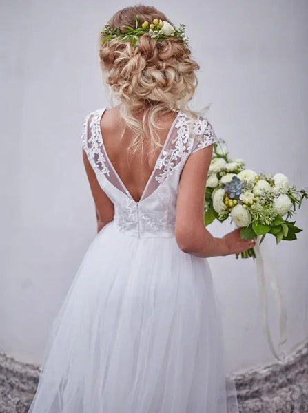 Destination Simple Wedding Dress,Cap Sleeve Floor Length Bridal Dresses,WD00839