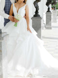 Flounce Skirt Wedding Gown,Plunging Neckline Bridal Gowns,WD00840