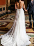 Spaghetti Straps Pearl Bridal Gown,Open Back Wedding Dress with Slit,WD00842