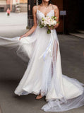 Spaghetti Straps Pearl Bridal Gown,Open Back Wedding Dress with Slit,WD00842