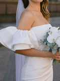 Short Bridal Dress with Flounced Sleeves,Simple Crepe Wedding Dress,WD00845