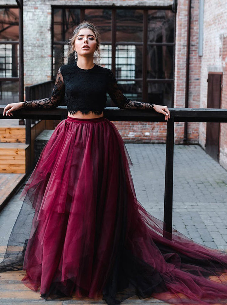 Two Piece Wedding Dress Open Back,Black Burgundy Wedding Dresses,WD008