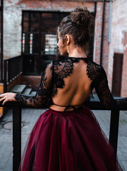 Two Piece Wedding Dress Open Back,Black Burgundy Wedding Dresses,WD008 - Wishingdress Two Piece Wedding Dress Open Back,Black Burgundy Wedding Dresses,WD008 - Wishingdress