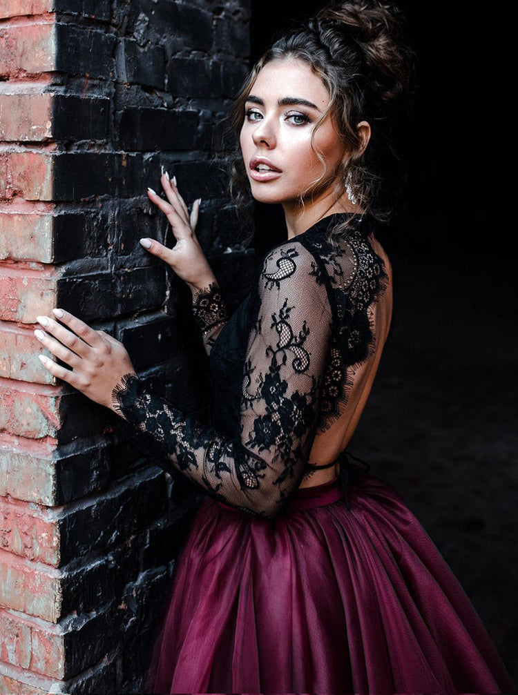 Two Piece Wedding Dress Open Back,Black Burgundy Wedding Dresses,WD008