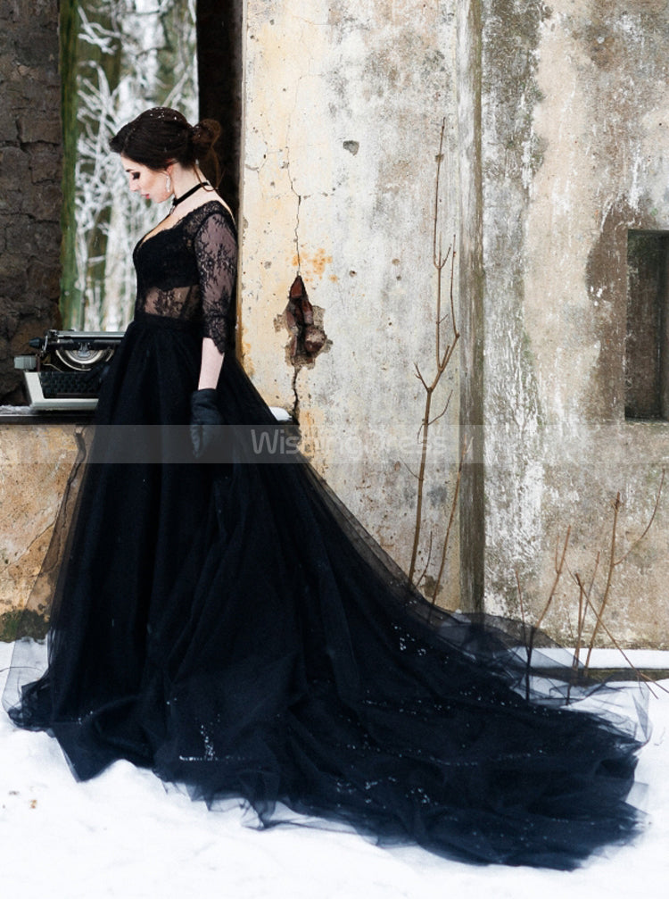 Black A-line Bridal Dresses,See Through Wedding Gowns with Sleeves,WD0 - Wishingdress Black A-line Bridal Dresses,See Through Wedding Gowns with Sleeves,WD0 - Wishingdress
