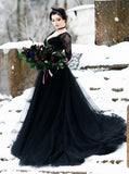 Black A-line Bridal Dresses,See Through Wedding Gowns with Sleeves,WD00847