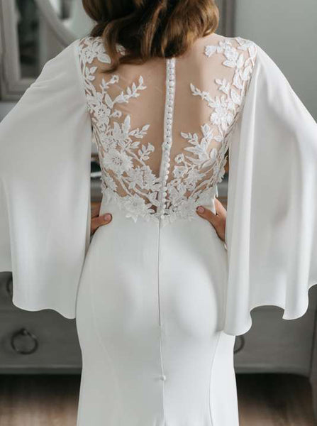 Fit and Flare Crepe Wedding Dresses,Bridal Dresses with Cape Sleeves,WD00849
