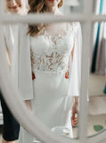 Fit and Flare Crepe Wedding Dresses,Bridal Dresses with Cape Sleeves,WD00849