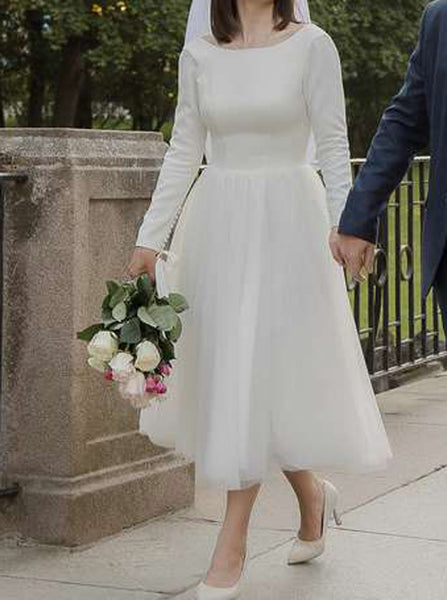 Vintage Tea Length Wedding Dress,Long Sleeve Bridal Dress,WD00850