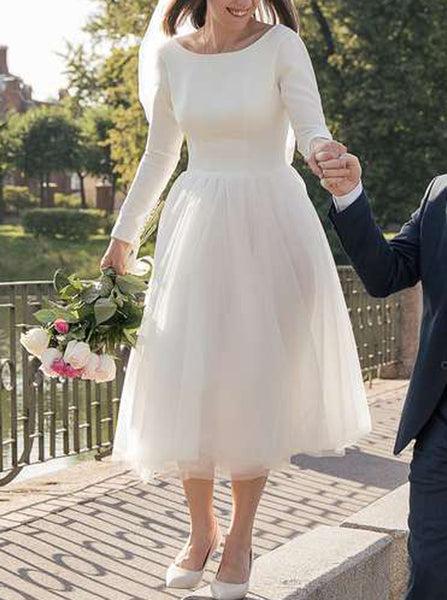 Vintage Tea Length Wedding Dress,Long Sleeve Bridal Dress,WD00850