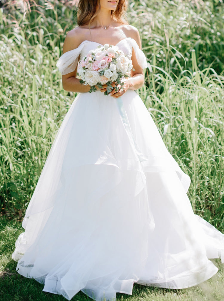 Off The Shoulder Wedding Dresses,Flounce Skirt Lace Up Back Bridal Dre - Wishingdress Off The Shoulder Wedding Dresses,Flounce Skirt Lace Up Back Bridal Dre - Wishingdress