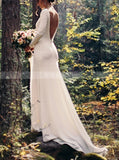 Fit and Flare Crepe Wedding Dresses,Long Sleeve V Back Wedding Dresses,WD00852
