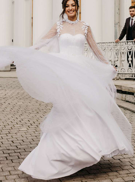 High Neck Pearl Wedding Dresses,Bishop Sleeves Bridal Dresses,WD00854