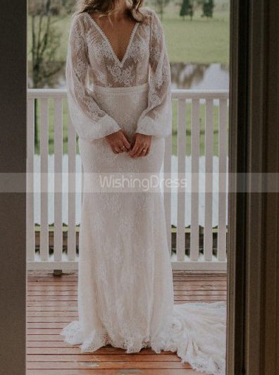 Open Back Lace Wedding Dress,Sheer Sleeve Bridal Dress,WD00855