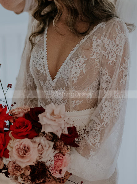Open Back Lace Wedding Dress,Sheer Sleeve Bridal Dress,WD00855