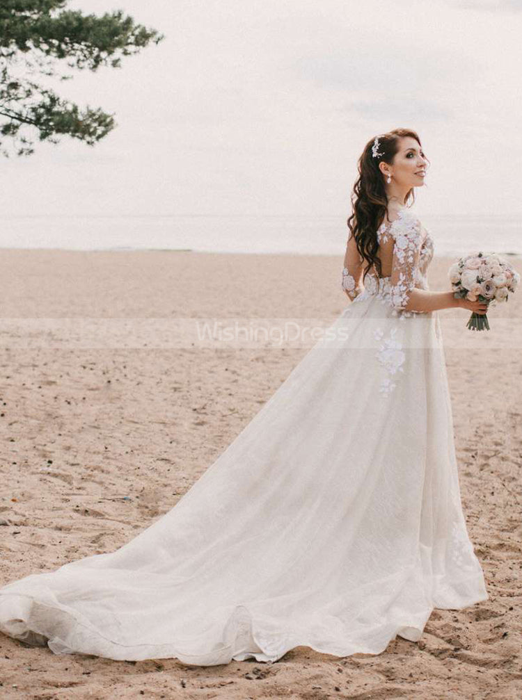 A-line Sheer Sleeve Wedding Gowns,Elegant Lace Applique Bridal Gown,WD00857 US10 / Ivory