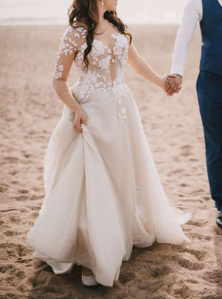 A-line Sheer Sleeve Wedding Gowns,Elegant Lace Applique Bridal Gown,WD
