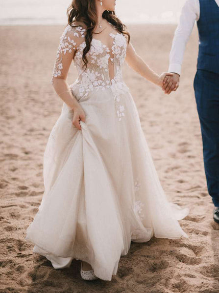 A-line Sheer Sleeve Wedding Gowns,Elegant Lace Applique Bridal Gown,WD00857