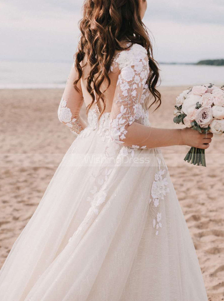 A-line Sheer Sleeve Wedding Gowns,Elegant Lace Applique Bridal Gown,WD - Wishingdress A-line Sheer Sleeve Wedding Gowns,Elegant Lace Applique Bridal Gown,WD - Wishingdress