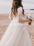A-line Sheer Sleeve Wedding Gowns,Elegant Lace Applique Bridal Gown,WD00857