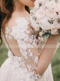 A-line Sheer Sleeve Wedding Gowns,Elegant Lace Applique Bridal Gown,WD00857