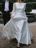 Vintage A-line Satin Wedding Dresses With Tulle Sleeves,V-back Bridal Dress,WD00858