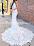 Fit And Flare Wedding Dresses With Lace Train,Crepe Wedding Dresses Plunging Neck,WD00859