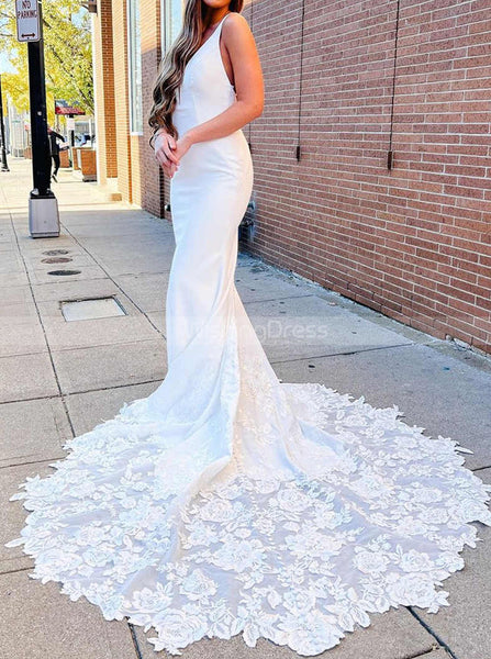 Fit And Flare Wedding Dresses With Lace Train,Crepe Wedding Dresses Plunging Neck,WD00859