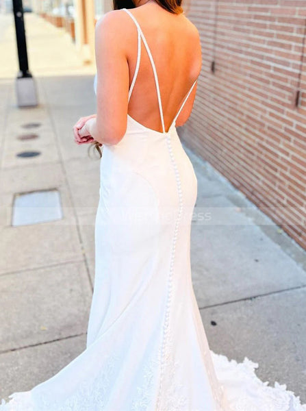 Fit And Flare Wedding Dresses With Lace Train,Crepe Wedding Dresses Plunging Neck,WD00859