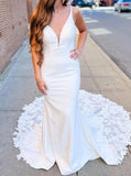 Fit And Flare Wedding Dresses With Lace Train,Crepe Wedding Dresses Plunging Neck,WD00859