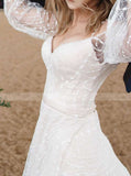 Lace Beach Wedding Dress,Cold-shoulder Bridal Gown With Long Sleeves,WD00860