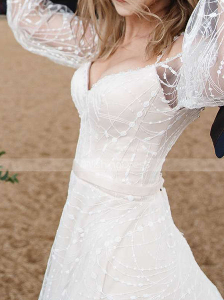 Lace Beach Wedding Dress,Cold-shoulder Bridal Gown With Long Sleeves,WD00860