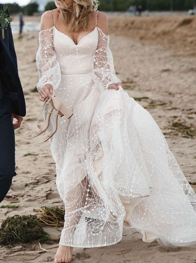 lace beach wedding dresses Modern two pieces Spaghetti V Neck Side Slit Dress elegant look that will last a lifetime Beach Wedding Dress Tulle Off
