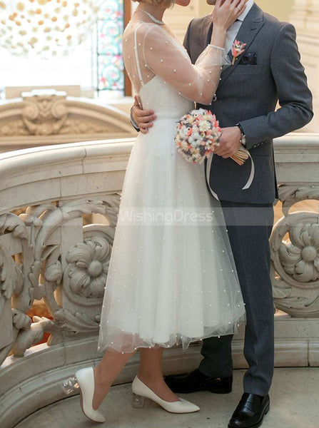A-line Pearl Wedding Dress,Long Sleeve Tea Length Wedding Reception Dress,WD00863