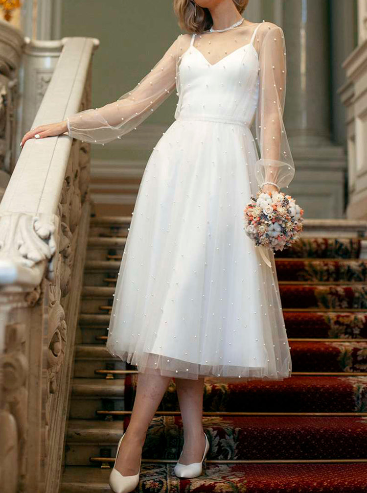 A-line Pearl Wedding Dress,Long Sleeve Tea Length Wedding Reception Dr