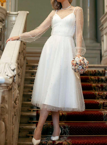 A-line Pearl Wedding Dress,Long Sleeve Tea Length Wedding Reception Dress,WD00863