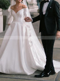 Off The Shoulder Long Sleeve Wedding Gown,A-line Satin Bridal Dresses,WD00864