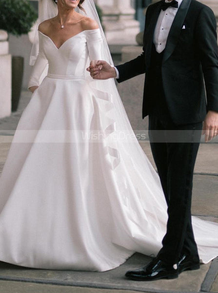 Off The Shoulder Long Sleeve Wedding Gown,A-line Satin Bridal Dresses,WD00864